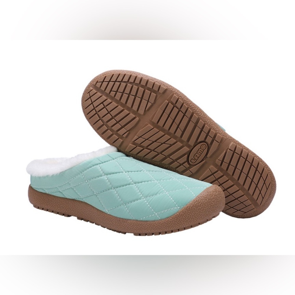 NEW Lamo McKenzie Mint Green Quilted Faux Fur Slippers Slip on Slides Outdoor
